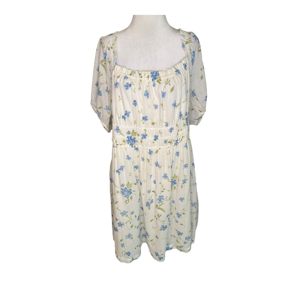BP Floral Mini Dress Cottagecore Square Neck Puff Sleeve Cream Blue 2X Plus Size